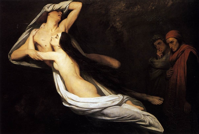 "Francesca da Rimini and Paolo Malatesta appraised by Dante and Virgil" Ary Scheffer, 1835